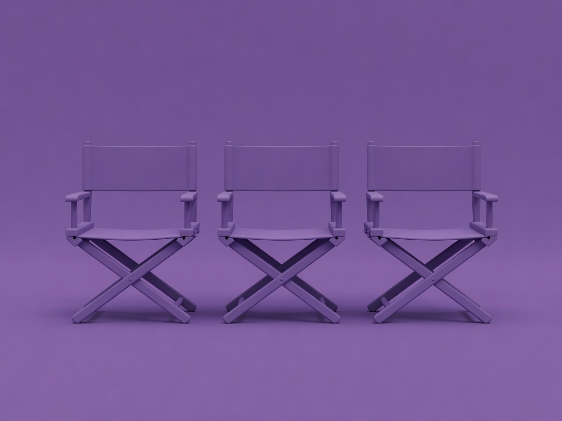 Softly lit 3D director's chairs with blank name backs on a plain purple background