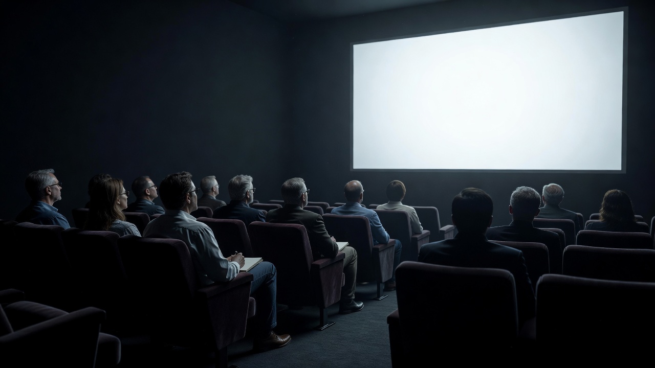 Small dim screening room with a few occupied seats facing a bright screen