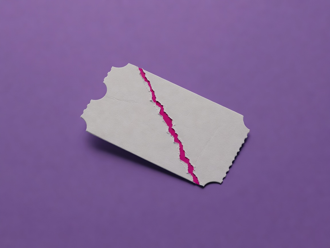 Softly lit 3D ticket stub with a magenta tear line on a plain purple background