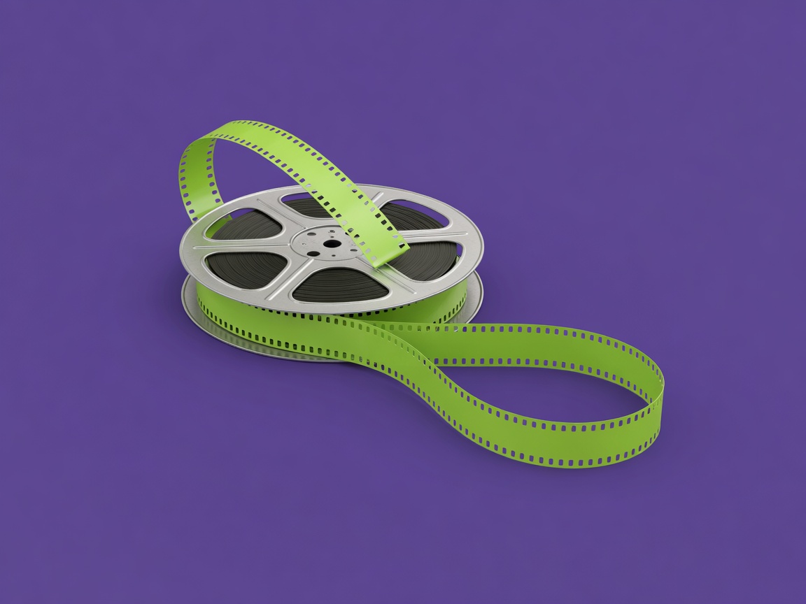 Softly lit 3D film reel unspooling a lime filmstrip on a plain purple background
