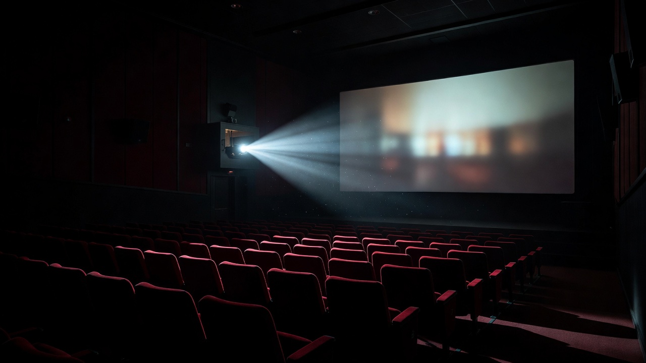 Projector beam cutting through a dark cinema towards the screen