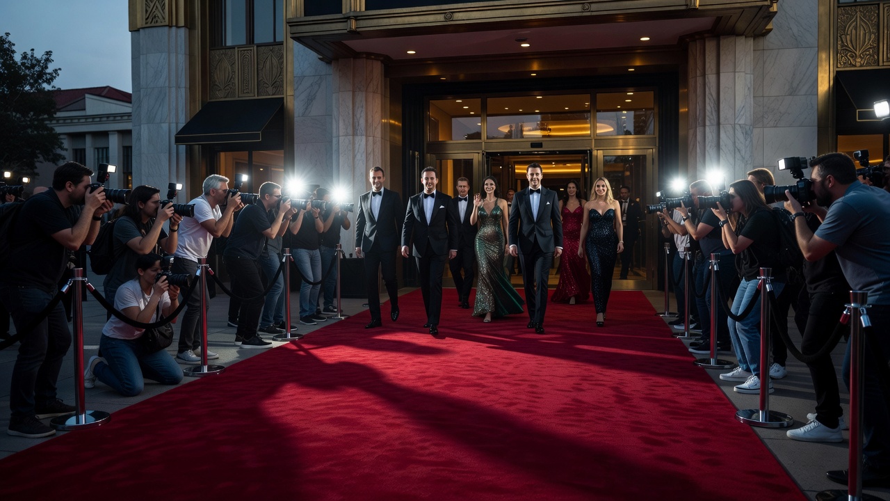 Red carpet outside a cinema premiere in the evening, lined with photographers