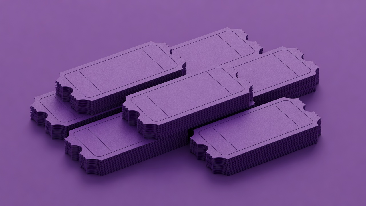 Softly lit 3D cinema tickets arranged like calendar pages on a plain purple background