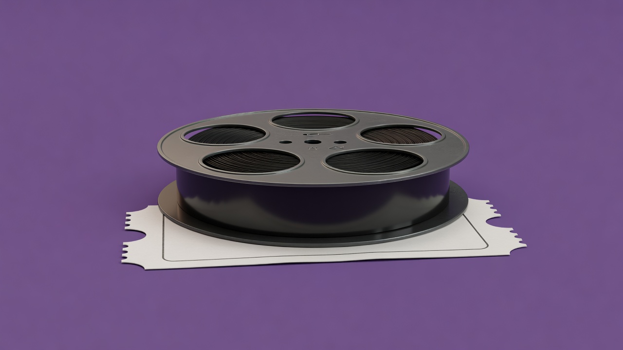 Softly lit 3D film reel resting on a cinema ticket on a plain purple background