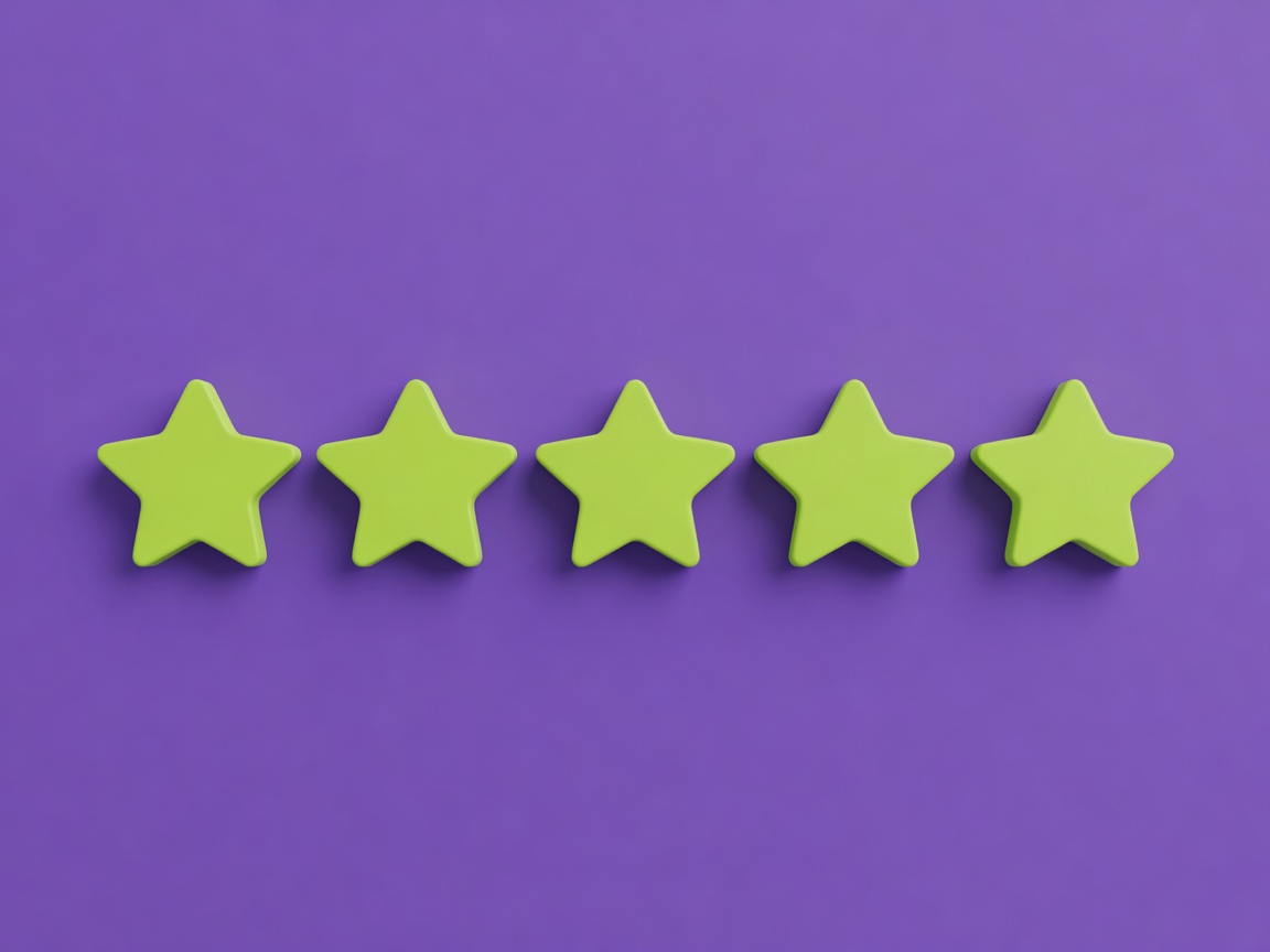 Softly lit 3D rating stars in lime on a plain purple background