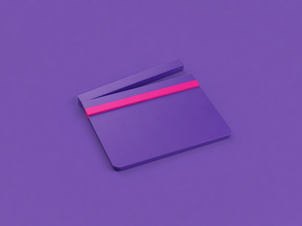 Softly lit 3D clapperboard with a magenta stripe on a plain purple background
